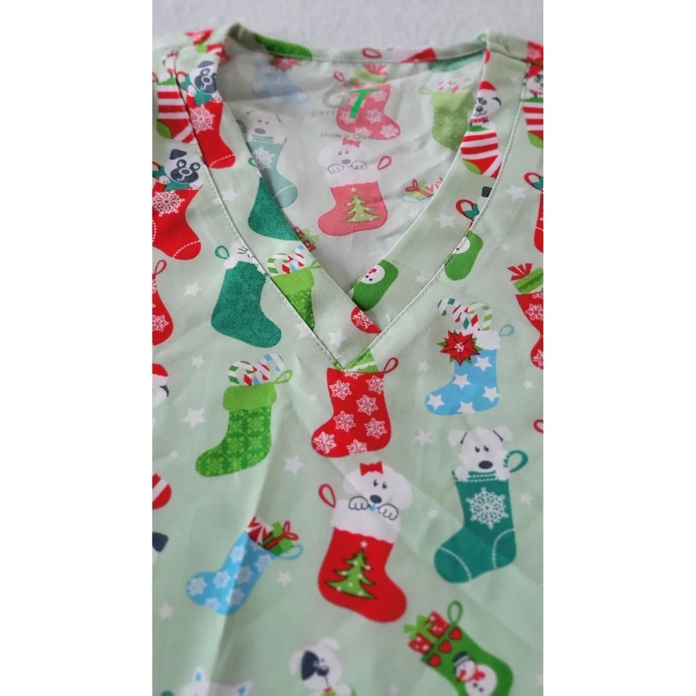 Green Town Scrubs for Women V-Neck Scrub Cat and Dog Christmas Scrub Top - Green